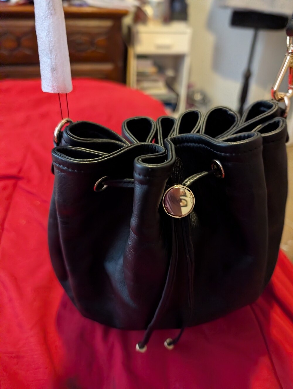 Antonio Melani Drawstring Black Leather Crossbody